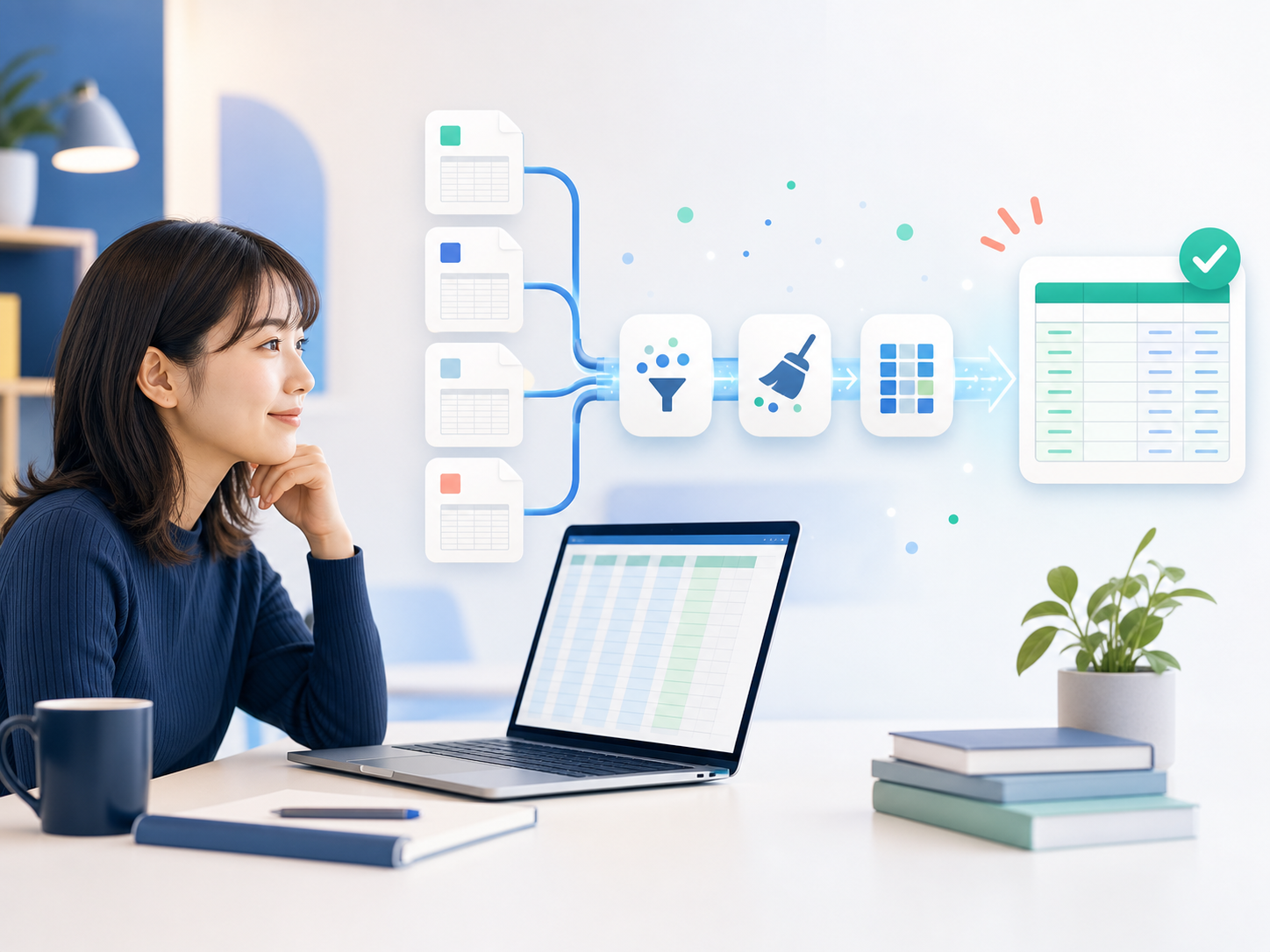 複数の表データを自動で整理する仕組みを確認する学習者