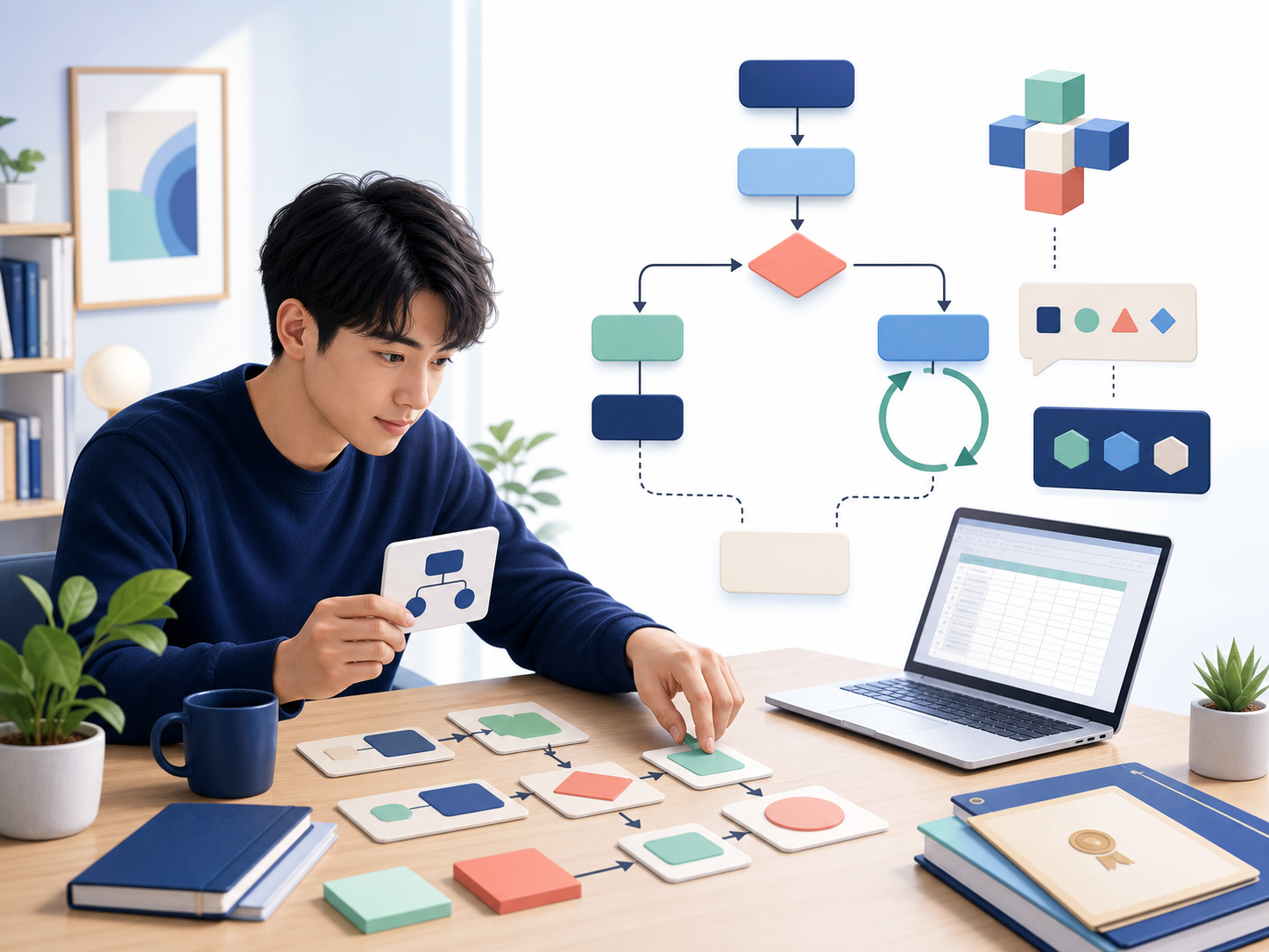 処理の流れを組み立ててプログラミングの基礎を学ぶ学習者
